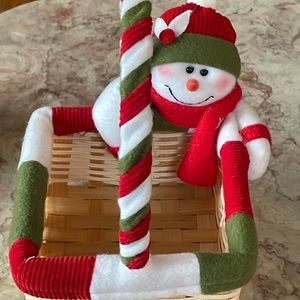 EUC~Fabric Snowman Hanging From A Wicker Basket With Decorative Fabric Trim